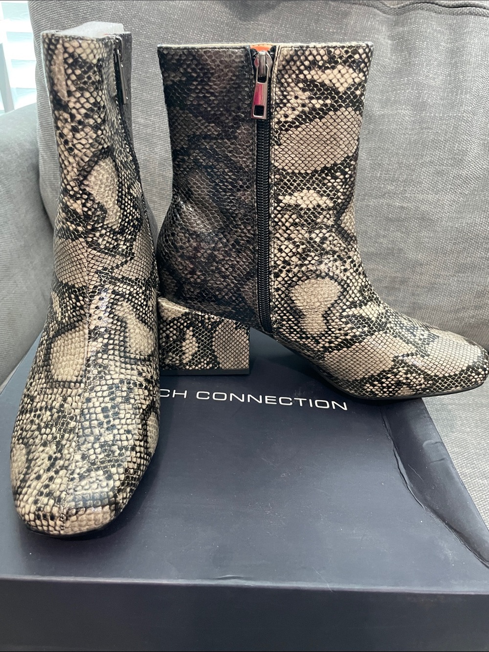 French Connection Snake-Print Ankle Boots in Beige and Black